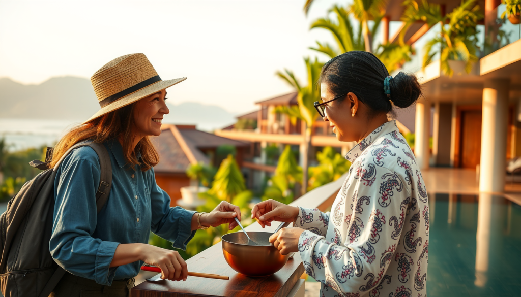 an image of a luxury resort guest engaging in an authentic local experience such as enjoying local food