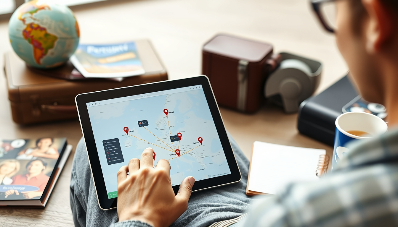 an image of a person using a laptop or tablet to plan a multi stop travel itinerary