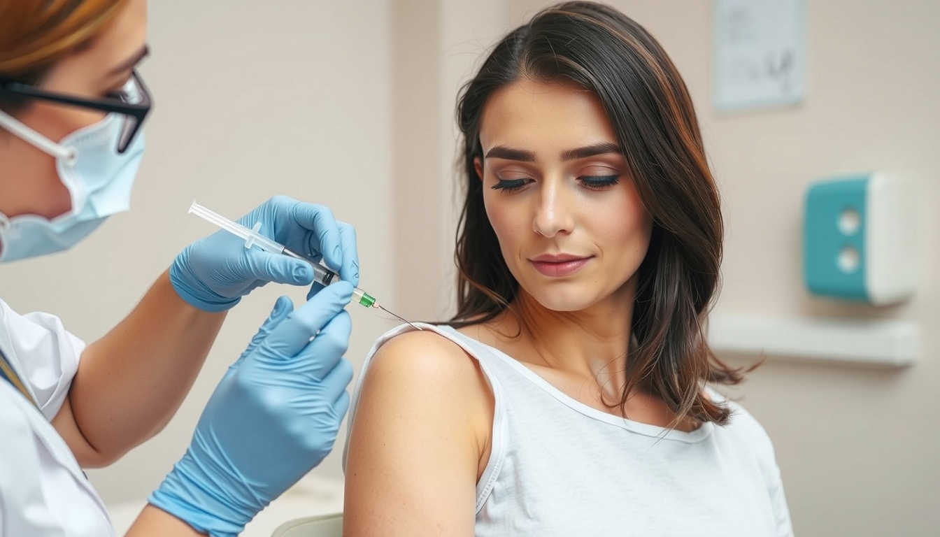 an image of a woman receiving a vaccination shot in her arm at a clean and professional medical setting