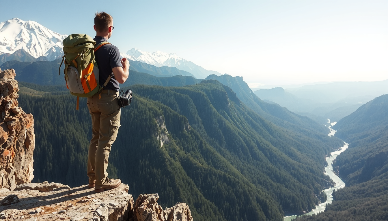 an image showcasing an adventurous traveler standing on a rugged cliff overlooking a vast and breath