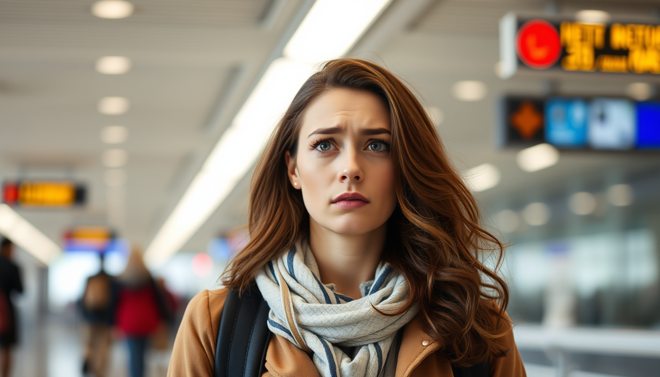image of a woman looking worried as she is about to board a plane as she waits in the airport