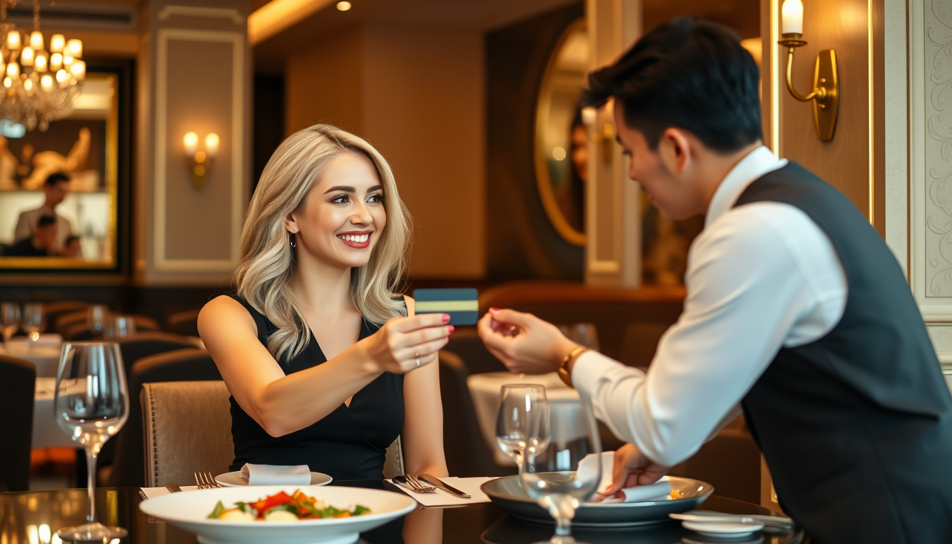image of an attractive white woman handing her credit card to an asian waiter in an elegant restaurant