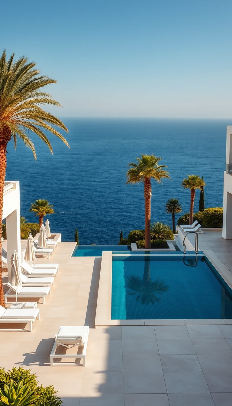 A luxurious seaside resort terrace with a sleek rectangular infinity pool overlooking the deep blue sea