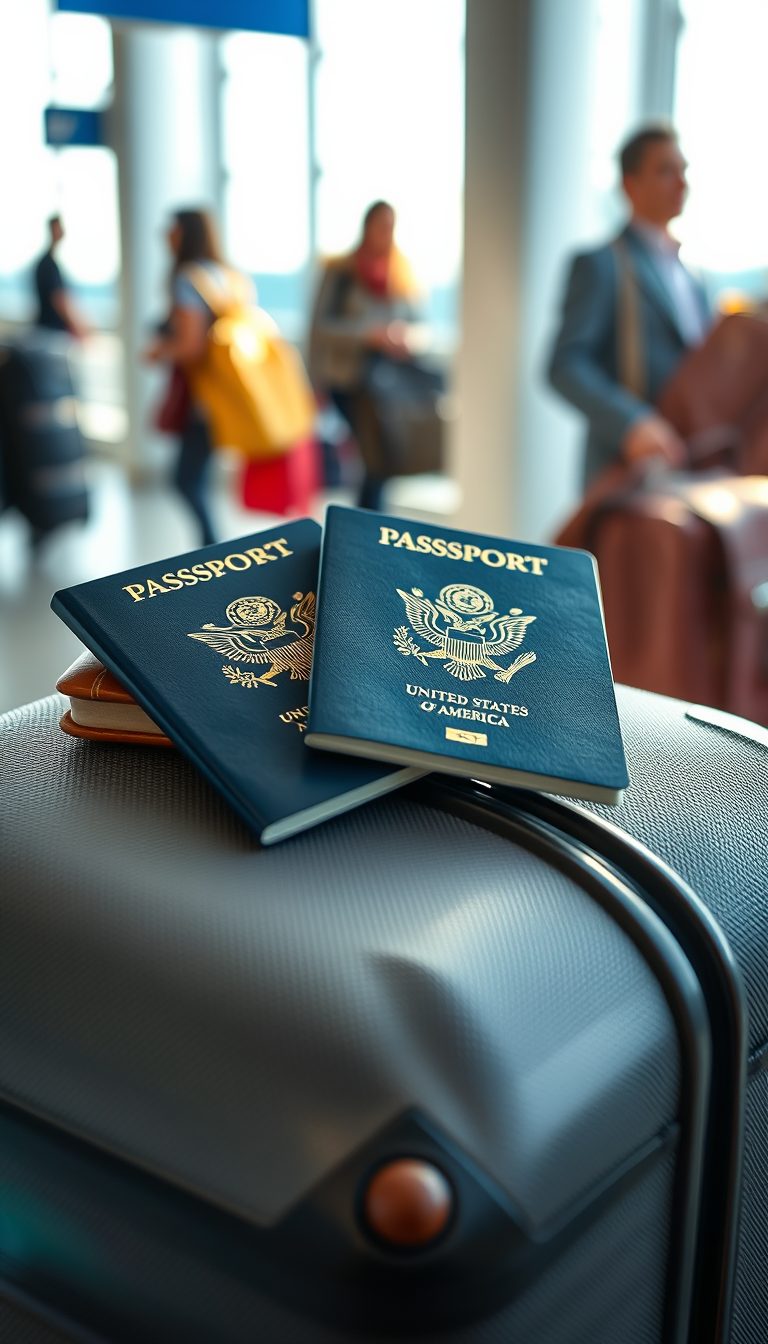 A photorealistic close up scene of two United States passports placed neatly on top of a stylish suitcase
