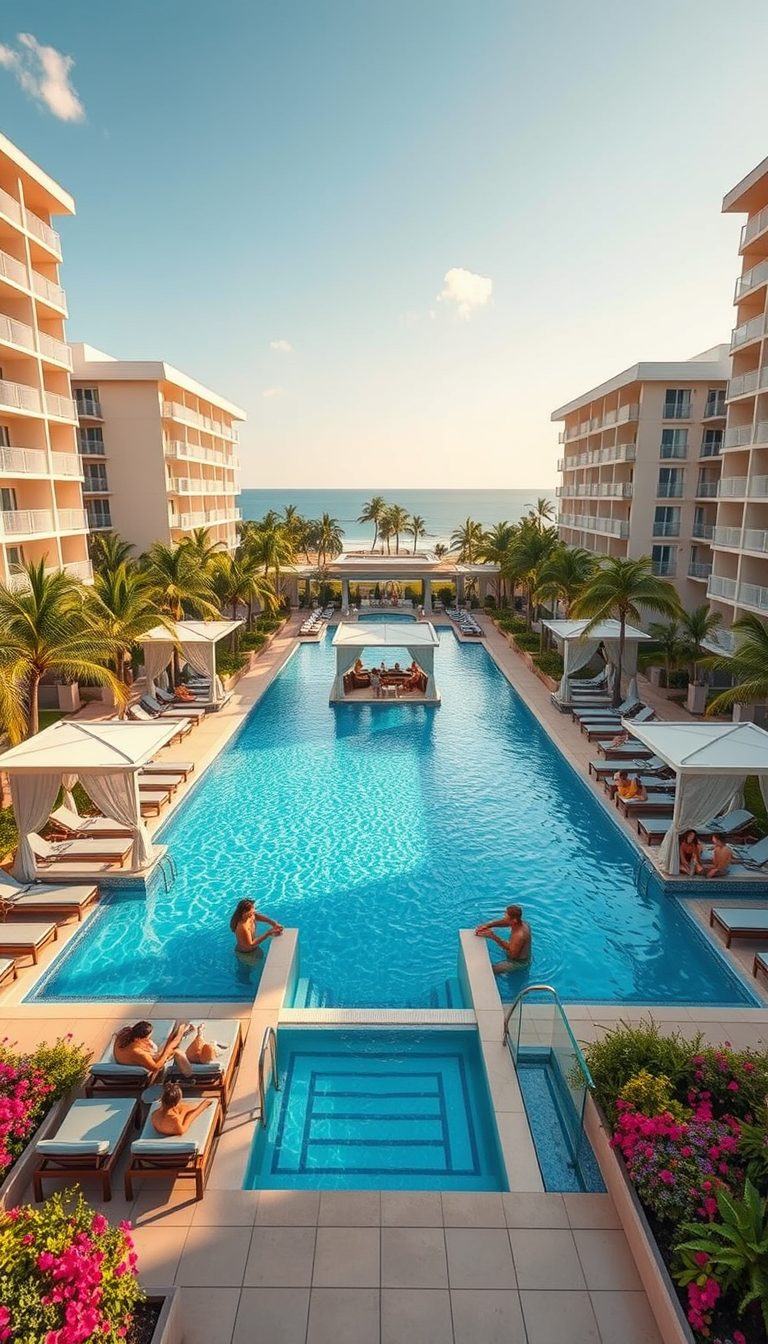 Prompt A luxurious tropical timeshare resort with a massive sparkling blue pool at the center