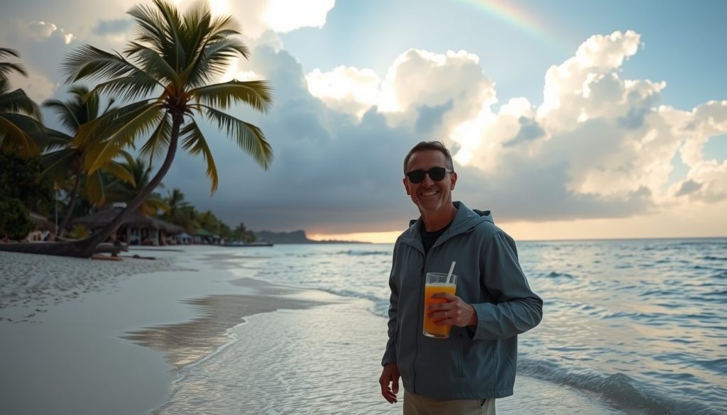 A serene beach in Barbados during hurricane season with golden sunlight breaking through