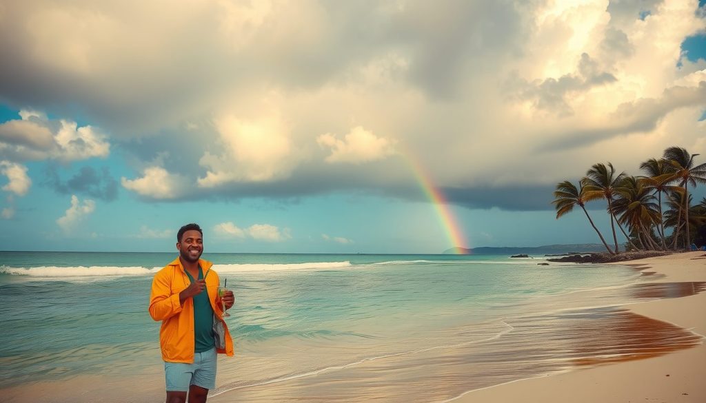 A serene beach in Barbados during hurricane season with golden sunlight breaking through