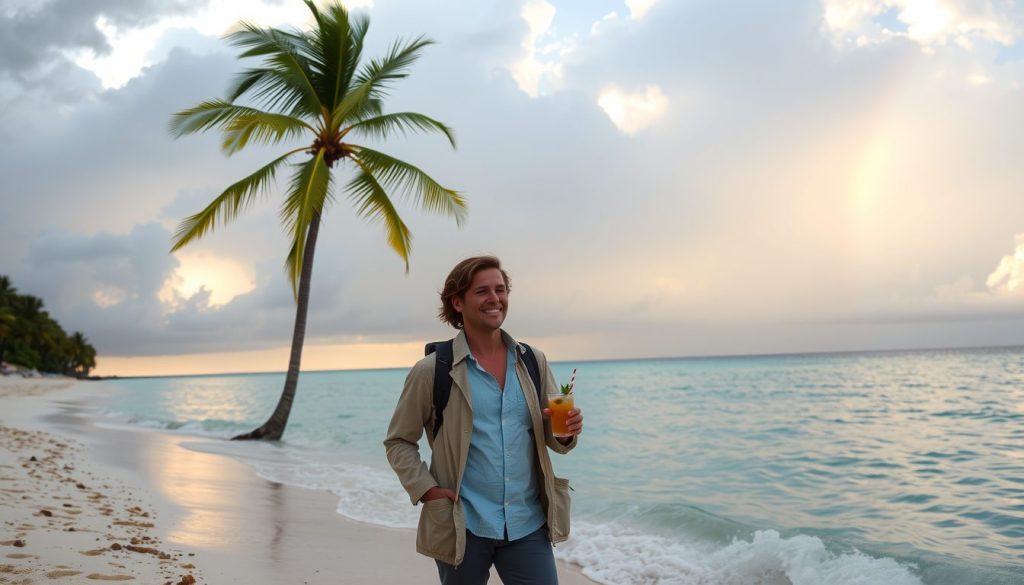 A serene beach in Barbados during hurricane season with golden sunlight breaking through