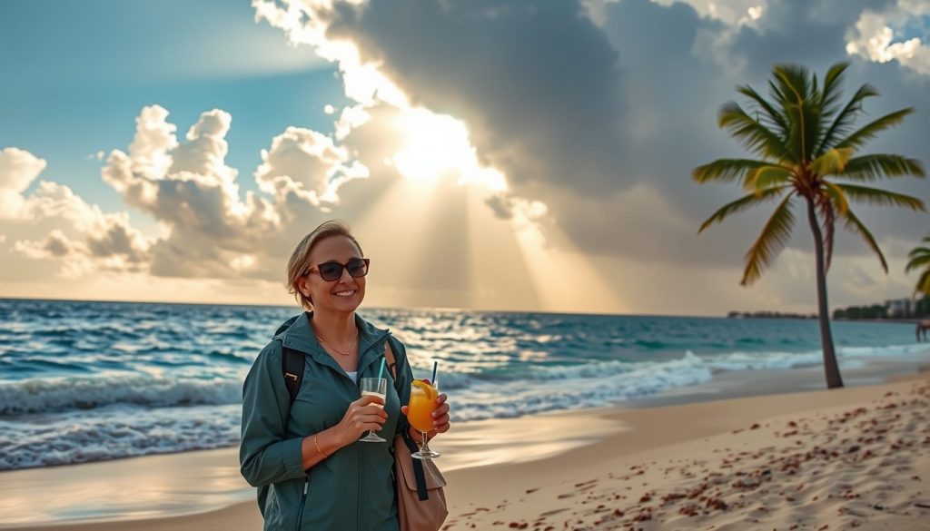 A serene beach in Barbados during hurricane season with golden sunlight breaking through