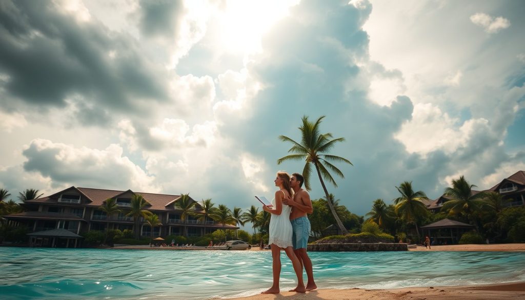 A Caribbean beachfront resort with turquoise waters and palm trees under dramatic skies 