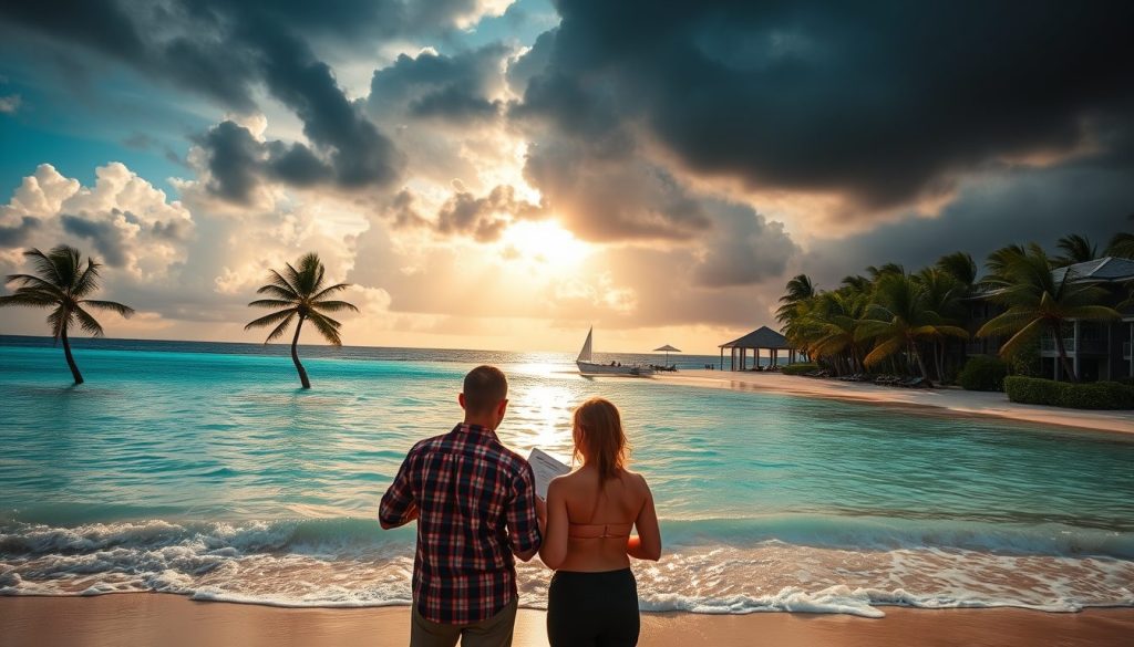 A Caribbean beachfront resort with turquoise waters and palm trees under dramatic skies