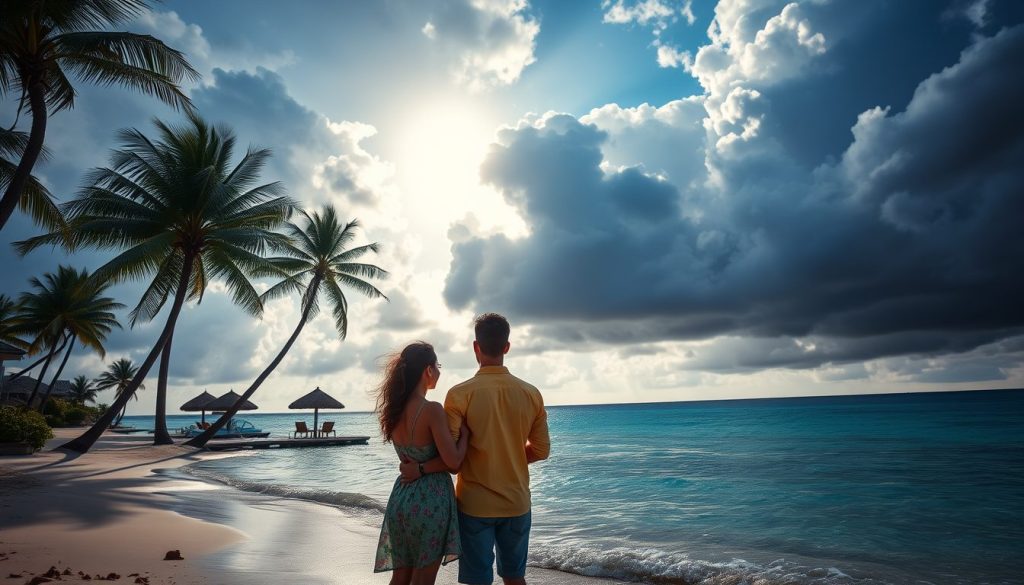 A Caribbean beachfront resort with turquoise waters and palm trees under dramatic skies