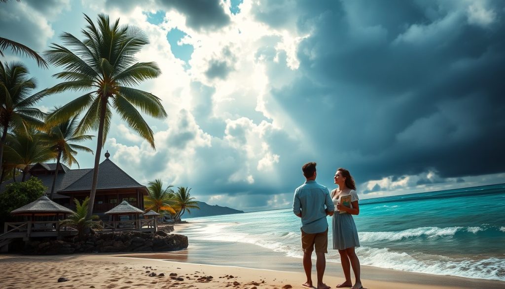 A Caribbean beachfront resort with turquoise waters and palm trees under dramatic skies 