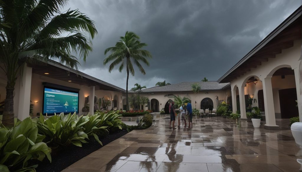 Guests responding to storm alert at Caribbean resort with staff guidance and travel insurance prep