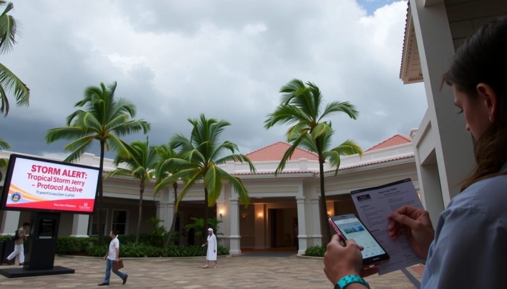 Guests responding to storm alert at Caribbean resort with staff guidance and travel insurance prep