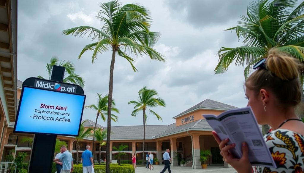 Guests responding to storm alert at Caribbean resort with staff guidance and travel insurance prep
