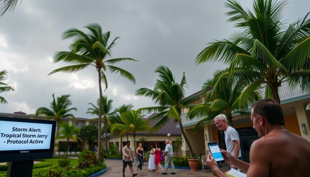 Guests responding to storm alert at Caribbean resort with staff guidance and travel insurance prep