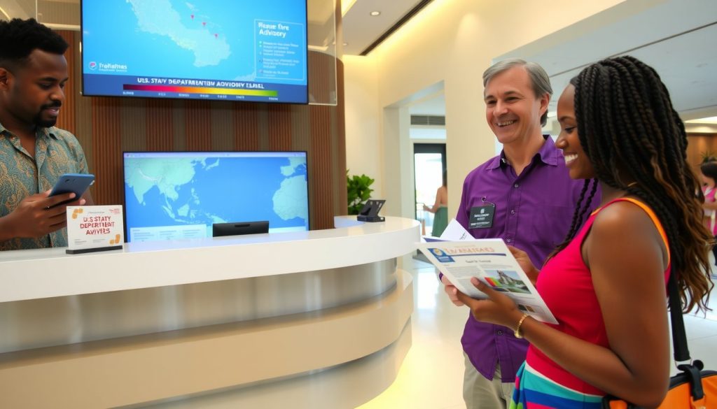 Guests checking in at Caribbean resort while reviewing travel advisories and insurance options