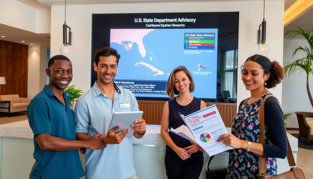 Guests checking in at Caribbean resort while reviewing travel advisories and insurance options