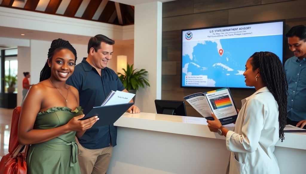 Guests checking in at Caribbean resort while reviewing travel advisories and insurance options