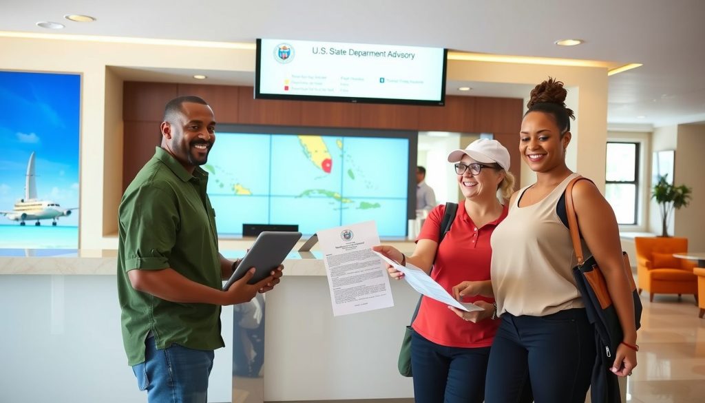 Guests checking in at Caribbean resort while reviewing travel advisories and insurance options