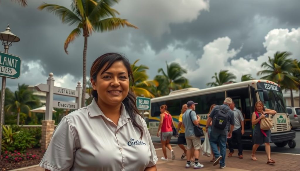 Caribbean resort staff evacuating guests safely during hurricane warning