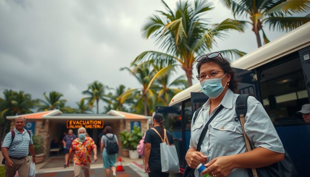 Caribbean resort evacuation with staff guiding guests to shelter under stormy skies