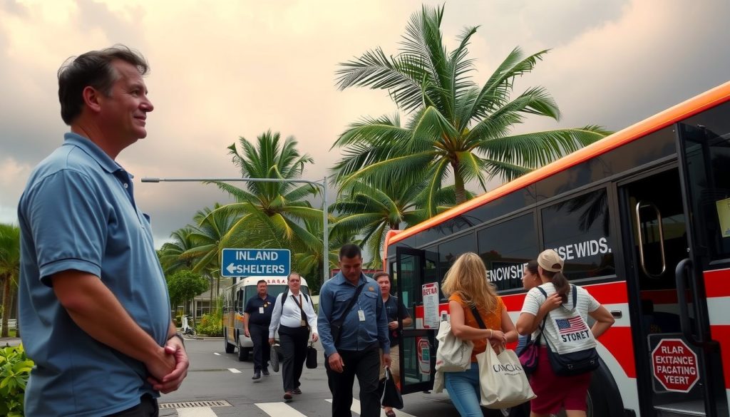 Caribbean resort staff evacuating guests safely during hurricane warning