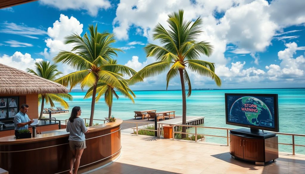 A Caribbean resort with palm trees and turquoise water under partly cloudy skies 