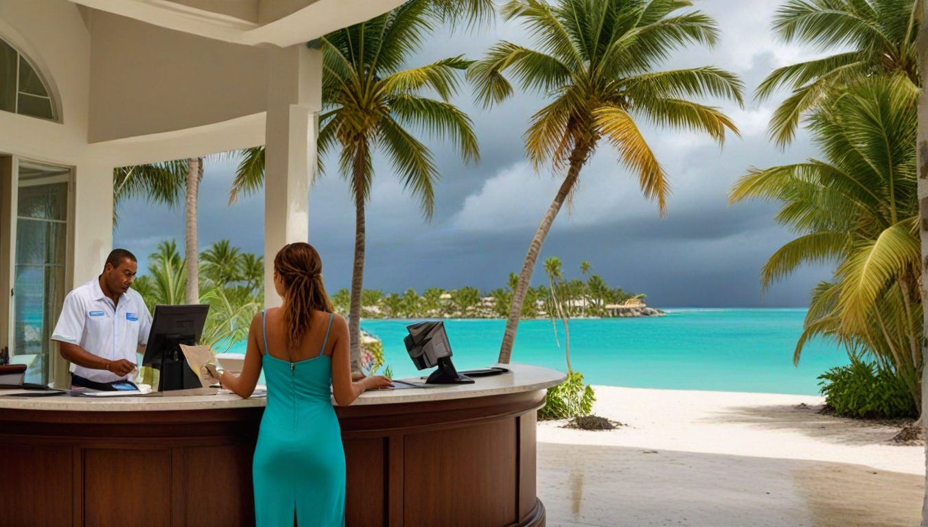 A Caribbean resort with palm trees and turquoise water under partly cloudy skies