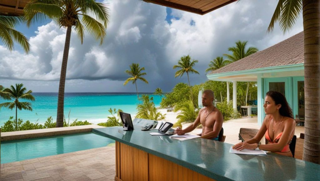 A Caribbean resort with palm trees and turquoise water under partly cloudy skies 