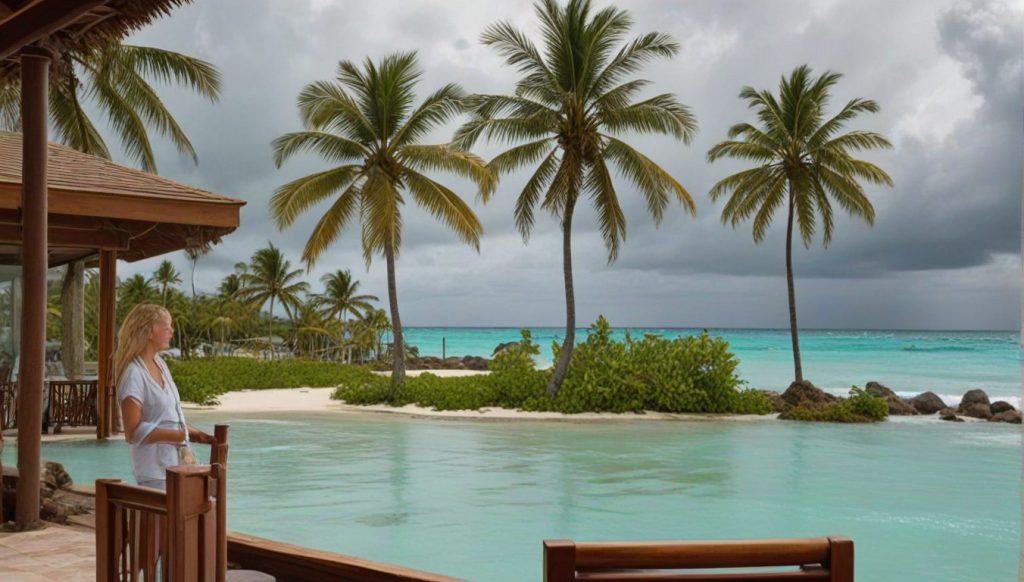 A Caribbean resort with palm trees and turquoise water under partly cloudy skies A subtle hurricane 4203574250