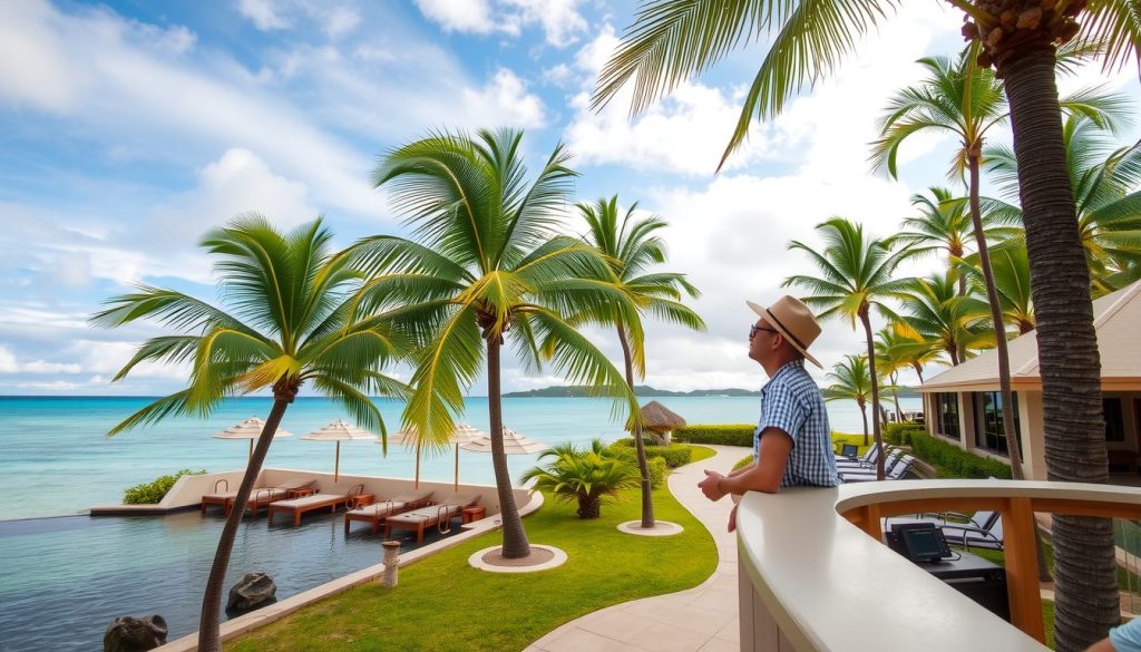 A Caribbean resort with palm trees and turquoise water under partly cloudy skies