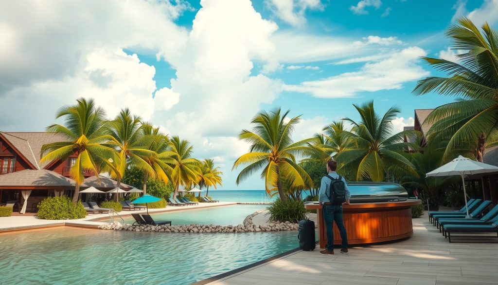 A Caribbean resort with palm trees and turquoise water under partly cloudy skies 