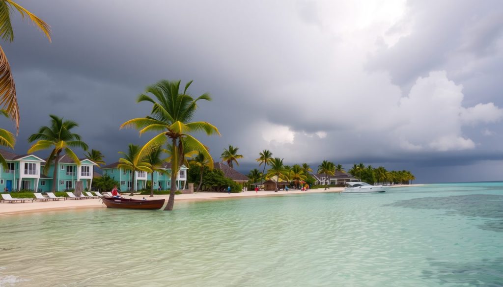 A Caribbean resort with turquoise water and palm trees under storm cloud skies