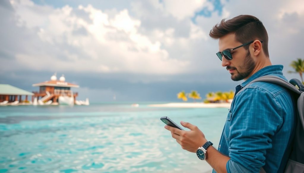 A Caribbean resort with turquoise water and palm trees under storm cloud skies