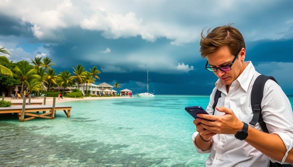 A Caribbean resort with turquoise water and palm trees under storm cloud skies In the background