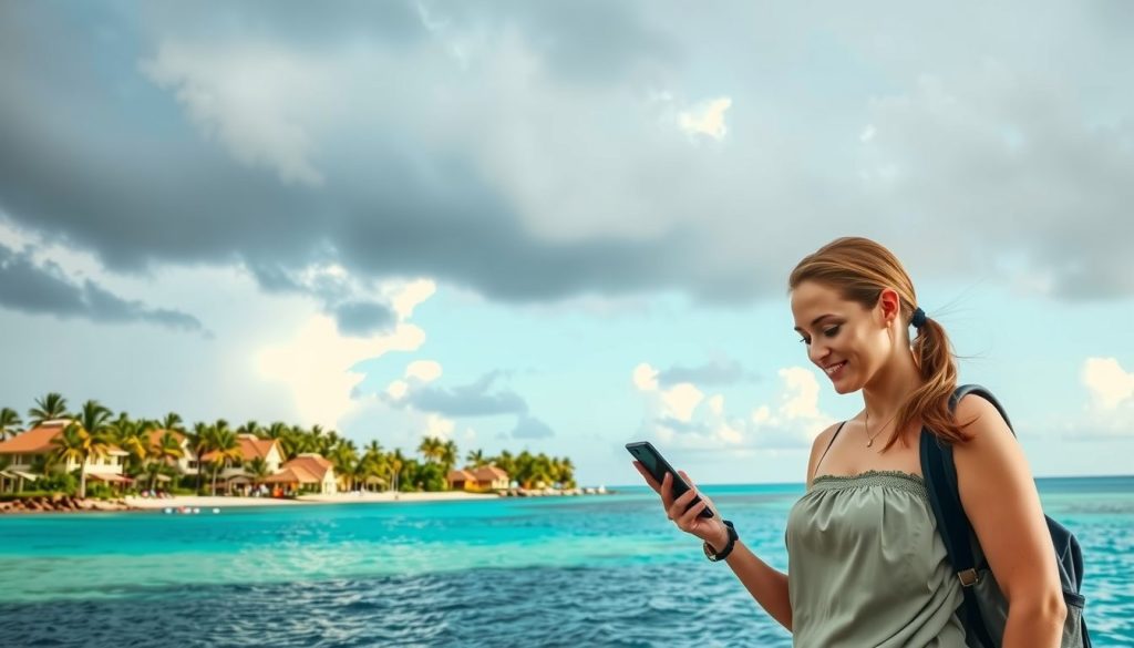 A Caribbean resort with turquoise water and palm trees under storm cloud skies