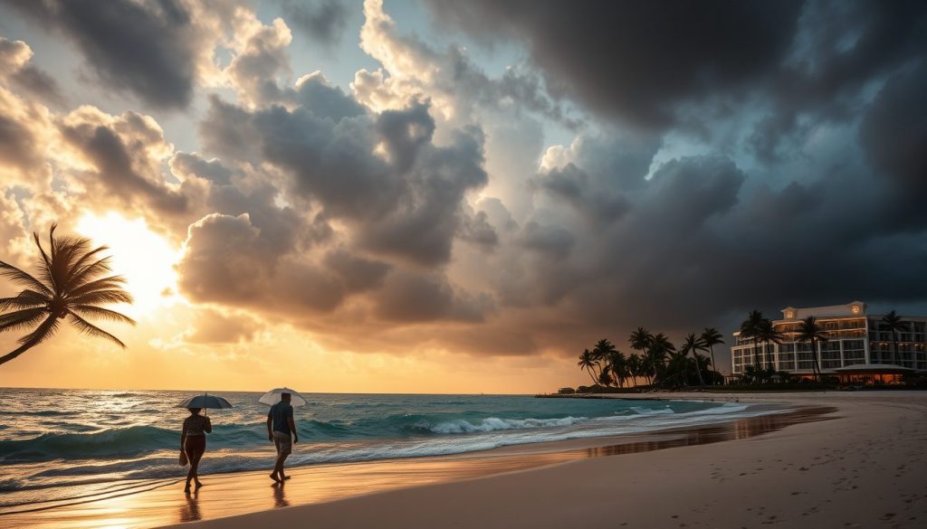 Caribbean beach with mixed September weather—sunshine, storm clouds, and resort guests with umbrellas