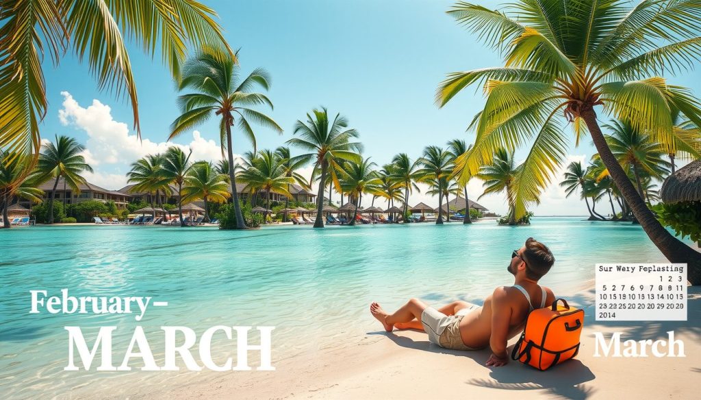 A sunlit Caribbean resort with calm turquoise water and swaying palms under clear skies