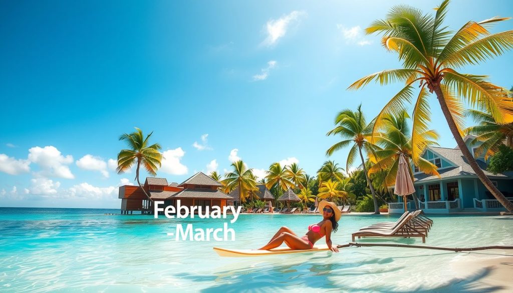 A sunlit Caribbean resort with calm turquoise water and swaying palms under clear skies