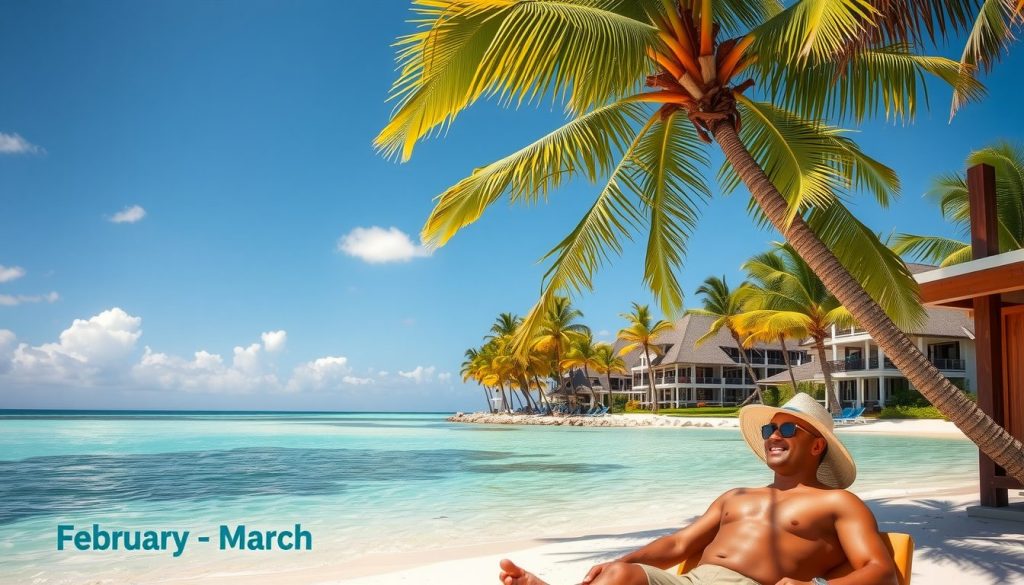 A sunlit Caribbean resort with calm turquoise water and swaying palms under clear skies