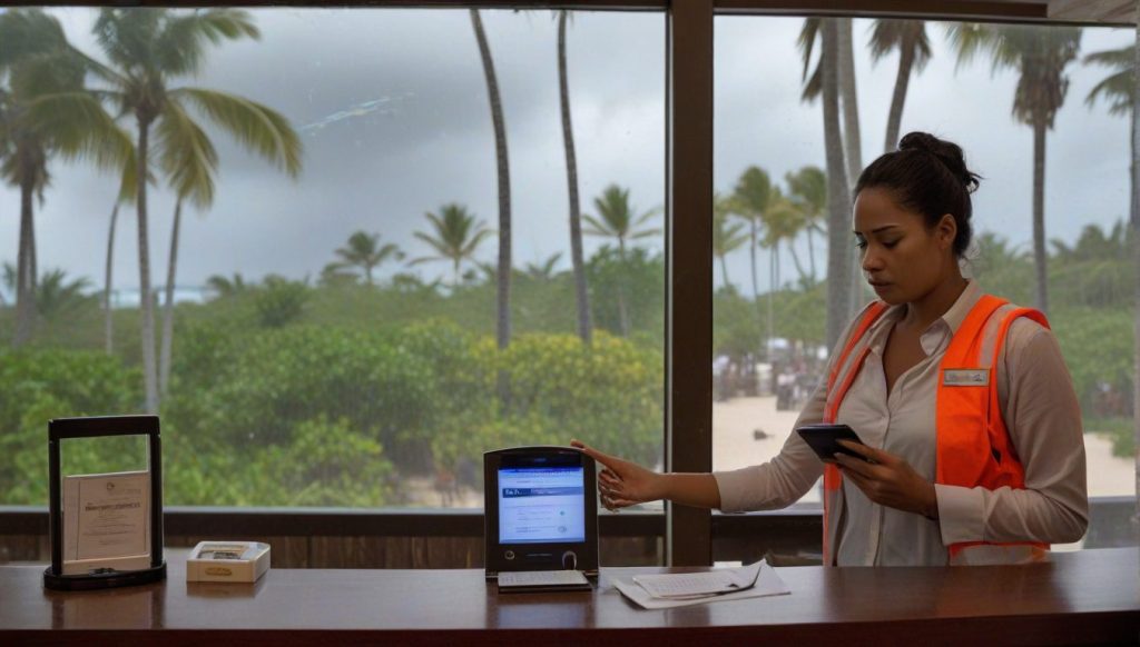 Traveler reviewing hurricane warning and resort cancellation options at Caribbean hotel