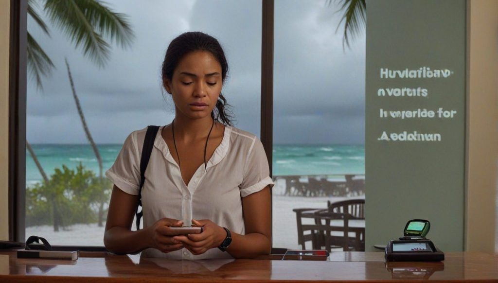 Traveler reviewing hurricane warning and resort cancellation options at Caribbean hotel