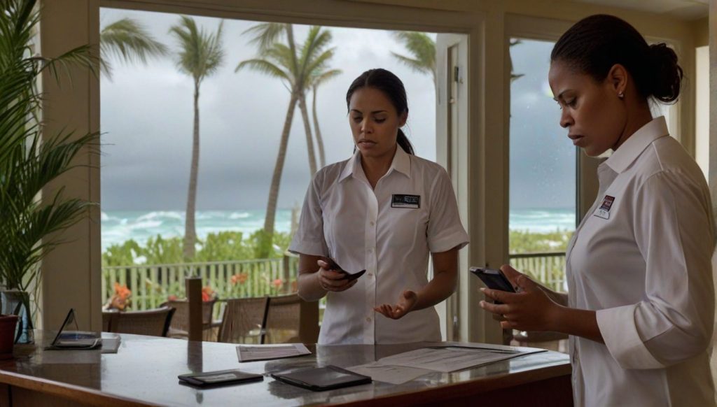 Traveler reviewing hurricane warning and resort cancellation options at Caribbean hotel
