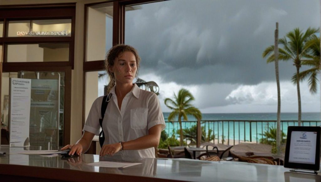 Traveler reviewing hurricane warning and resort cancellation options at Caribbean hotel