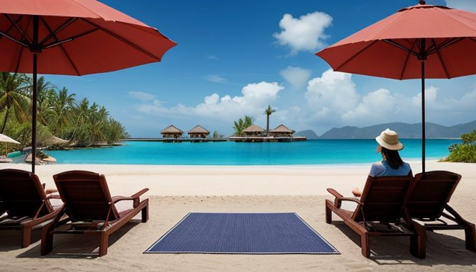 Peaceful traveler at a pristine but empty beachfront resort, luggage at their side and a cancellation notice in hand, showing flexible vacation choices