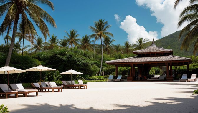 Calm traveler stands near luggage in front of a spotless but empty luxury resort, holding a cancellation document as pool chairs sit untouched.