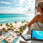 Relaxed traveler on a balcony above a modern Caribbean resort, phone showing a weather radar while calm pools, palms, and a white-sand beach stretch below