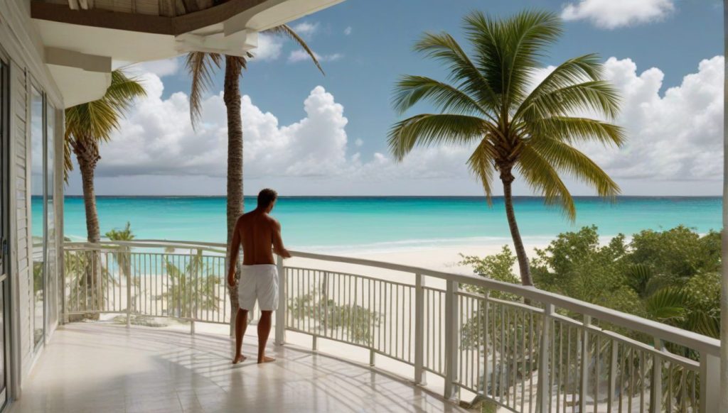 Balcony scene at a sturdy Caribbean beachfront resort with calm pools and loungers